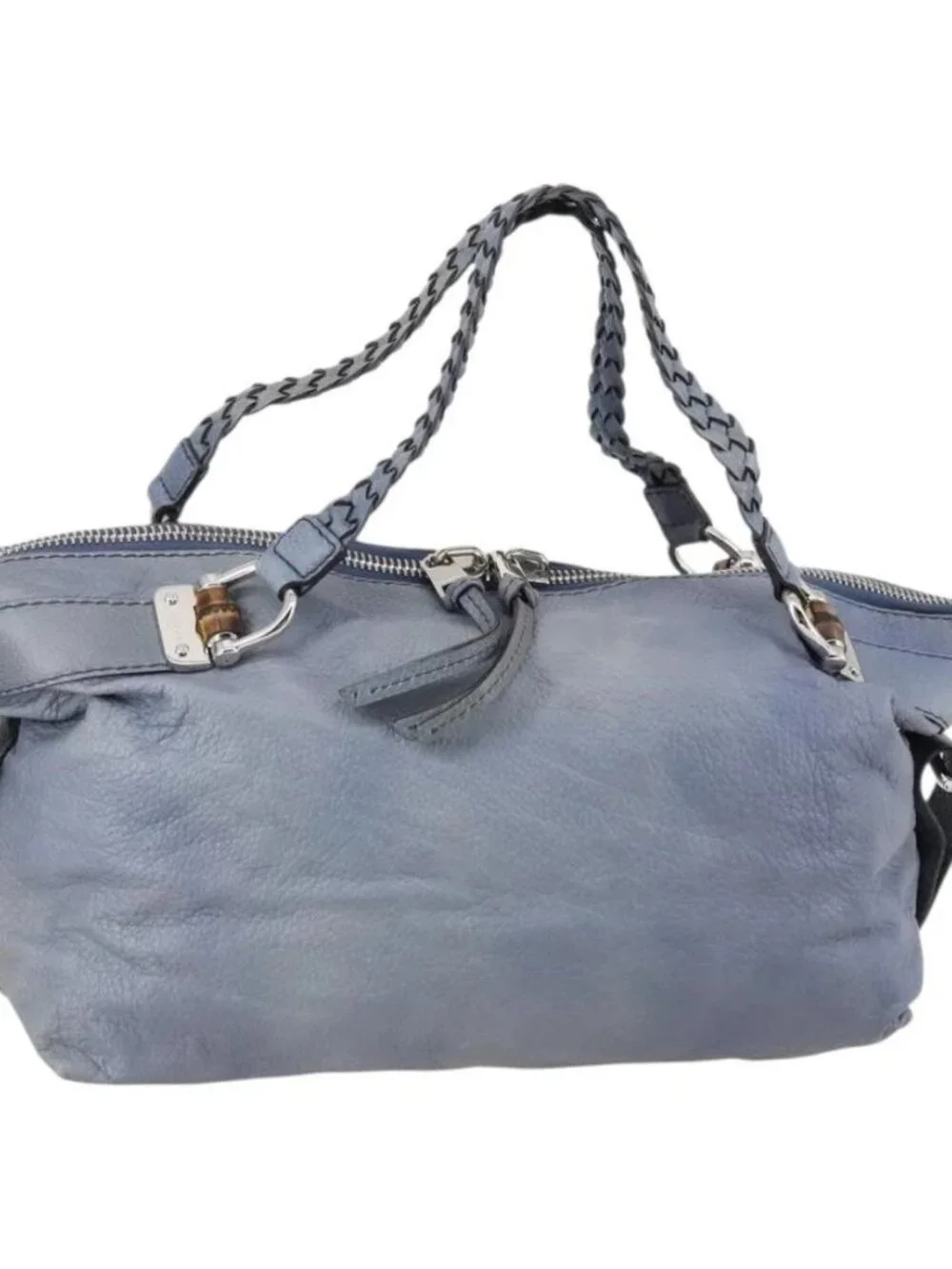 GUCCI Bamboo Tote Bag Leather Blue Auth